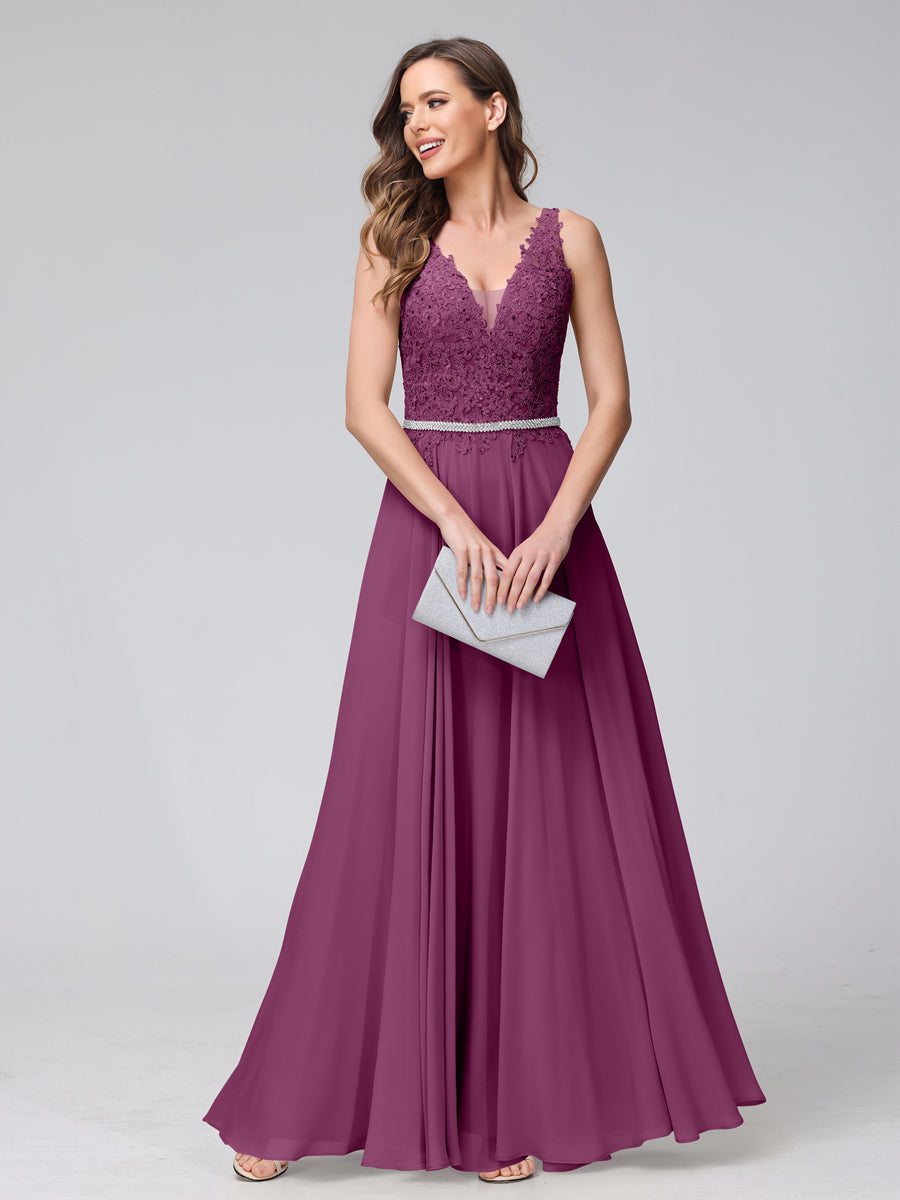 A-Line V-Neck Sleeveless Long Chiffon Dresses with Lace Appliques &amp; Rhinestones