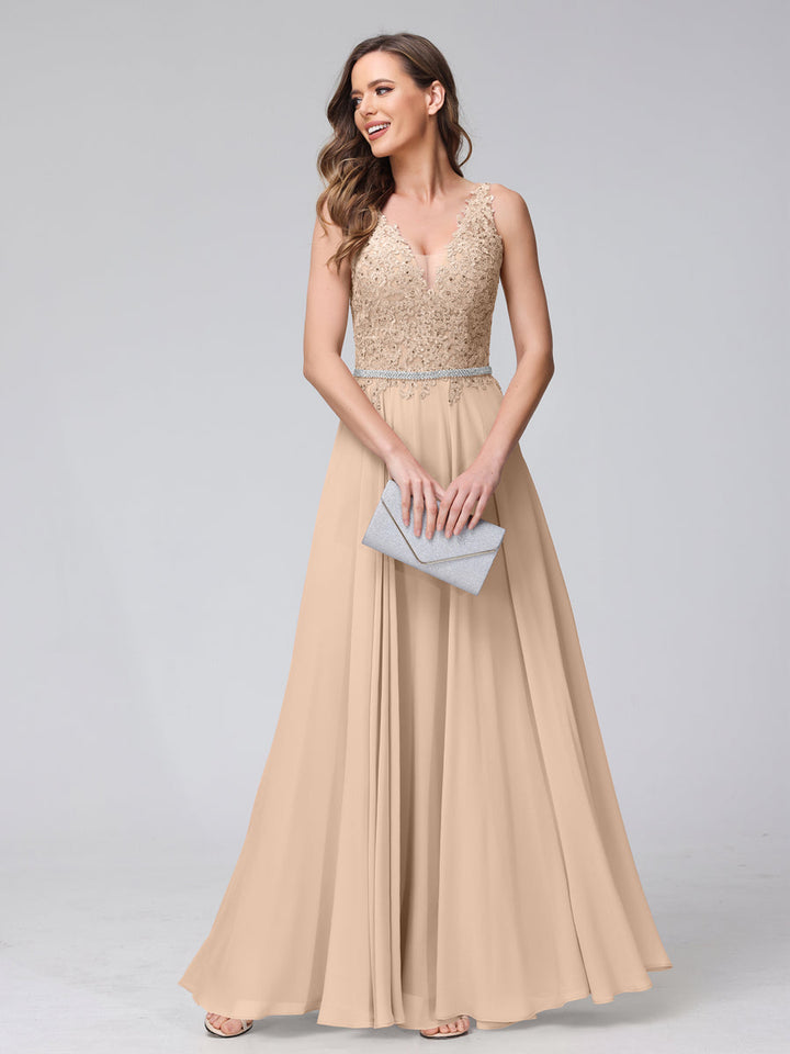 A-Line V-Neck Sleeveless Long Chiffon Dresses with Lace Appliques &amp; Rhinestones