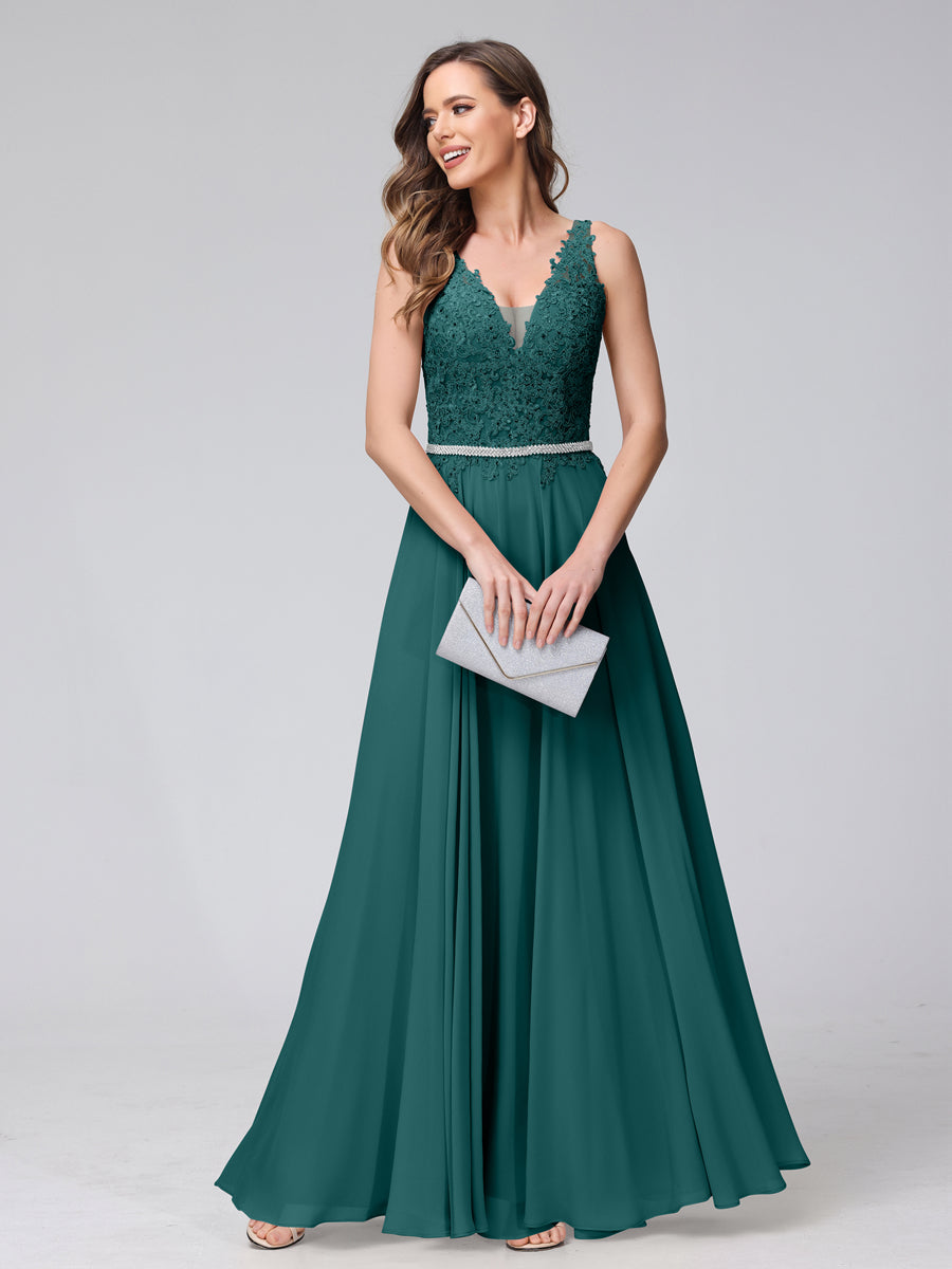 A-Line V-Neck Sleeveless Long Chiffon Dresses with Lace Appliques &amp; Rhinestones