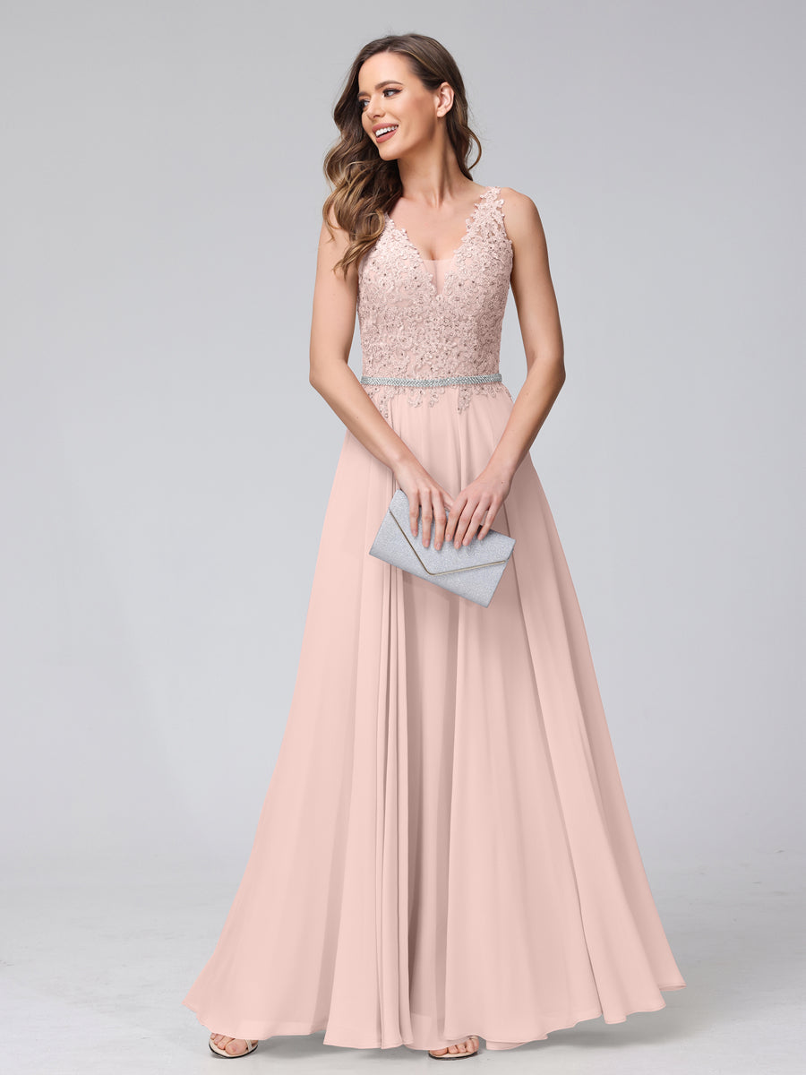 A-Line V-Neck Sleeveless Long Chiffon Dresses with Lace Appliques & Rhinestones