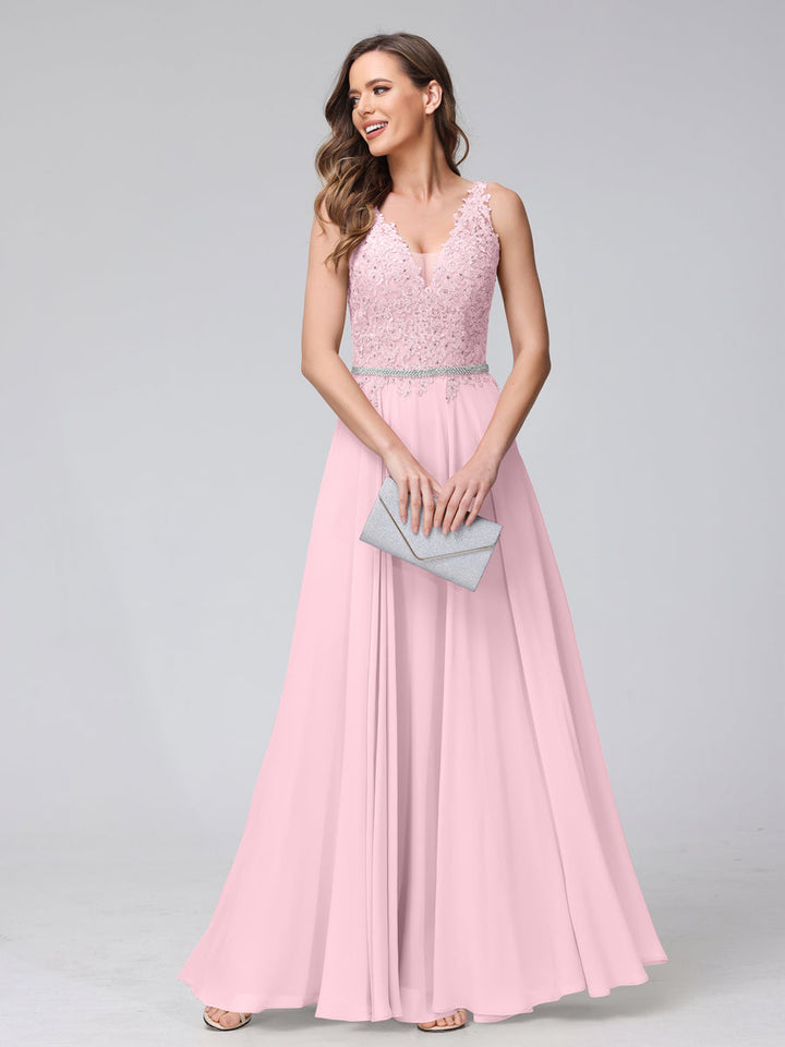 A-Line V-Neck Sleeveless Long Chiffon Dresses with Lace Appliques &amp; Rhinestones