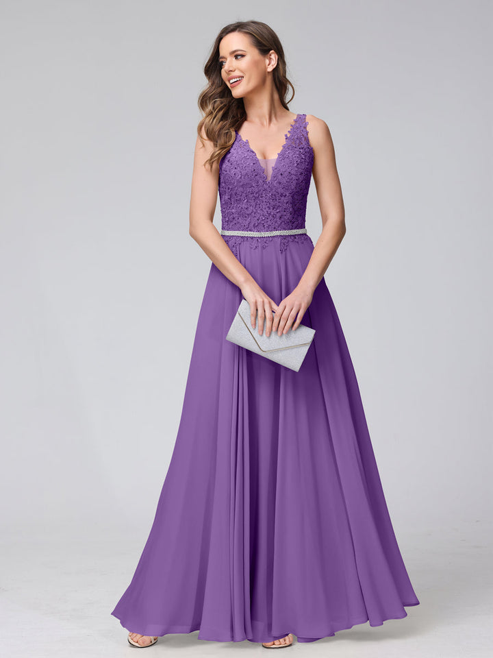 A-Line V-Neck Sleeveless Long Chiffon Dresses with Lace Appliques &amp; Rhinestones