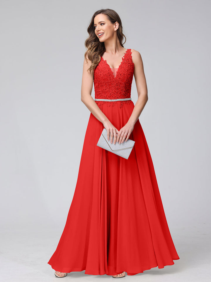 A-Line V-Neck Sleeveless Long Chiffon Dresses with Lace Appliques &amp; Rhinestones