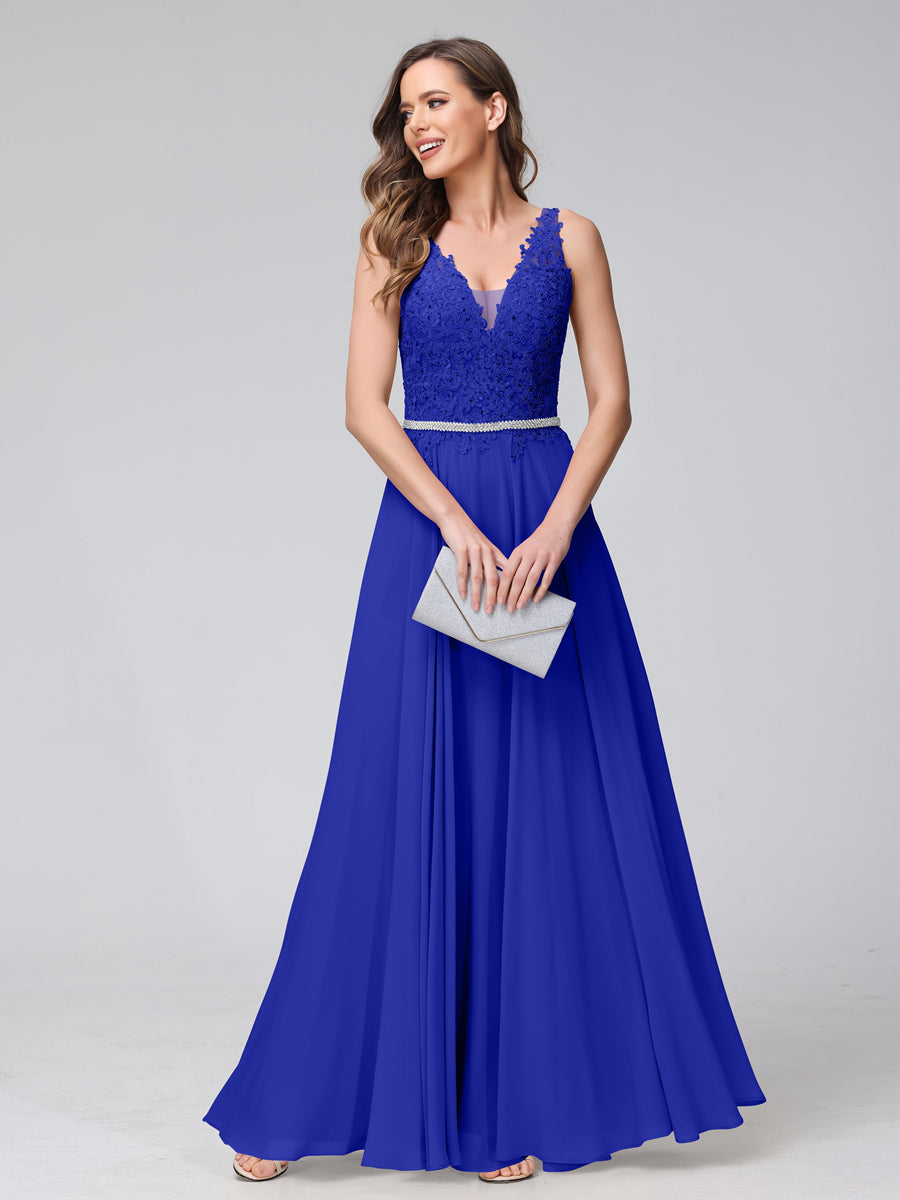 A-Line V-Neck Sleeveless Long Chiffon Dresses with Lace Appliques &amp; Rhinestones