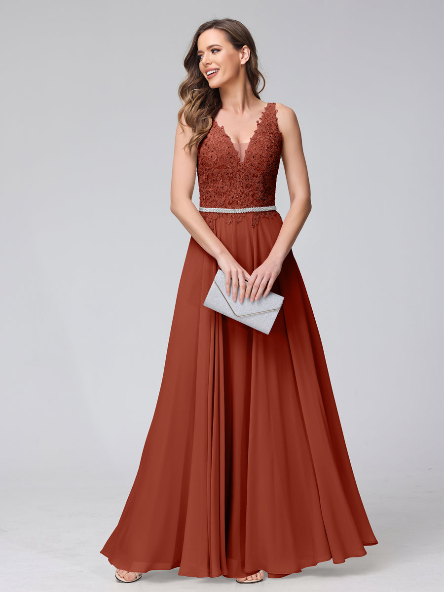 A-Line V-Neck Sleeveless Long Chiffon Dresses with Lace Appliques &amp; Rhinestones