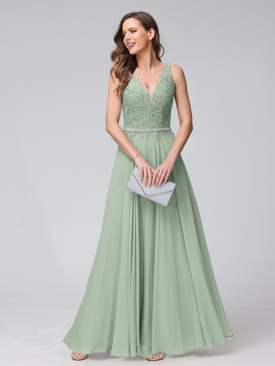 A-Line V-Neck Sleeveless Long Chiffon Dresses with Lace Appliques &amp; Rhinestones