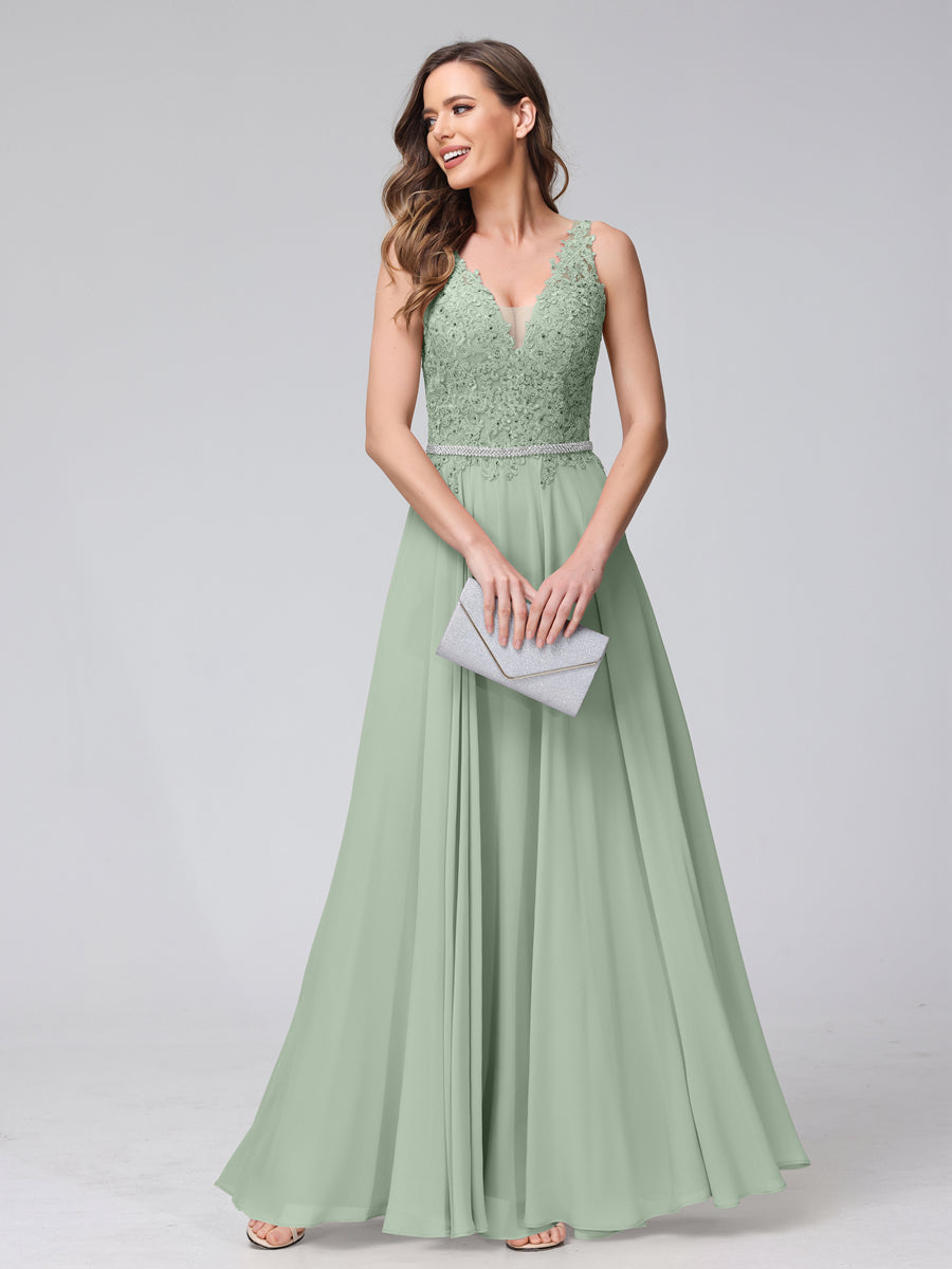 A-Line V-Neck Sleeveless Long Chiffon Dresses with Lace Appliques & Rhinestones