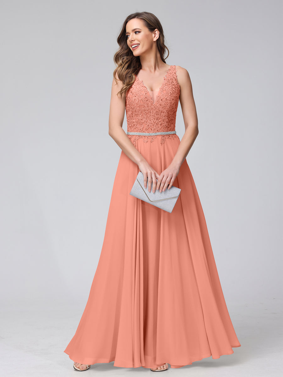 A-Line V-Neck Sleeveless Long Chiffon Dresses with Lace Appliques &amp; Rhinestones