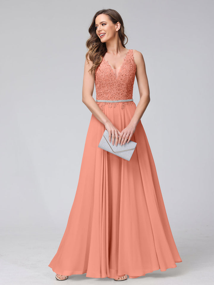 A-Line V-Neck Sleeveless Long Chiffon Dresses with Lace Appliques &amp; Rhinestones