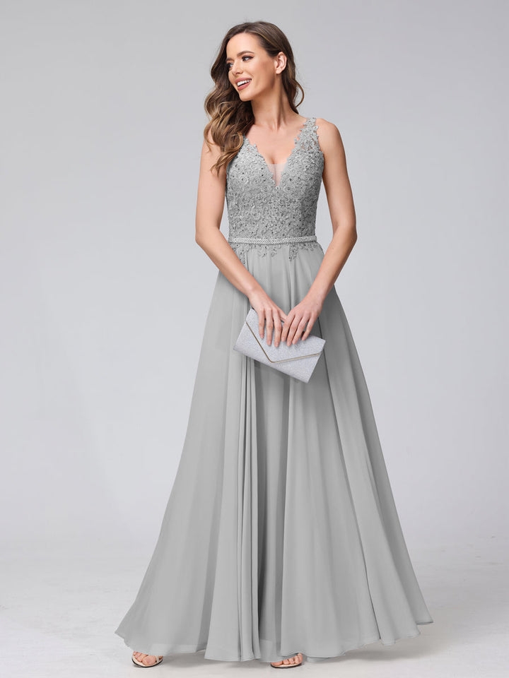 A-Line V-Neck Sleeveless Long Chiffon Dresses with Lace Appliques &amp; Rhinestones