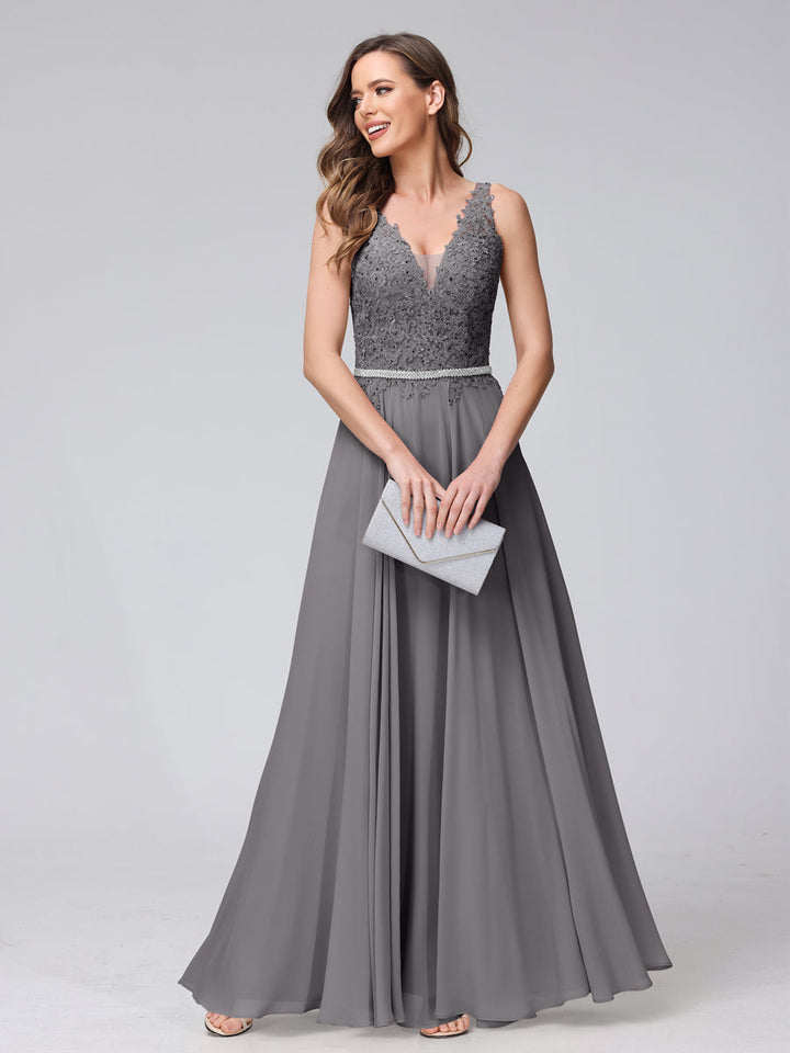 A-Line V-Neck Sleeveless Long Chiffon Dresses with Lace Appliques &amp; Rhinestones