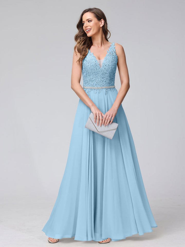 A-Line V-Neck Sleeveless Long Chiffon Dresses with Lace Appliques &amp; Rhinestones