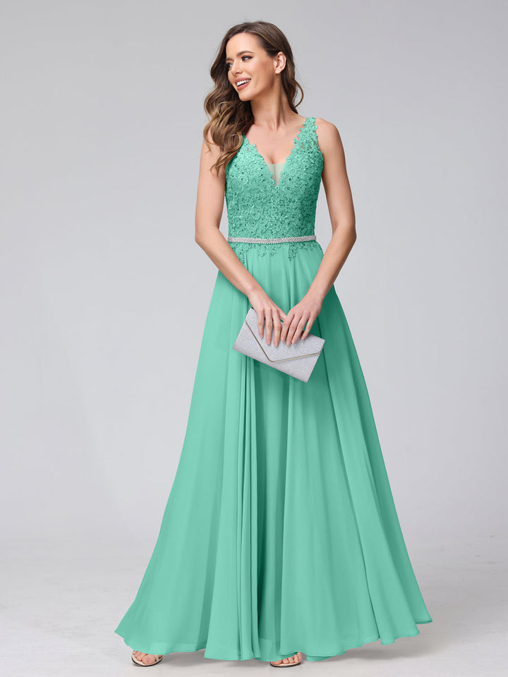 A-Line V-Neck Sleeveless Long Chiffon Dresses with Lace Appliques &amp; Rhinestones
