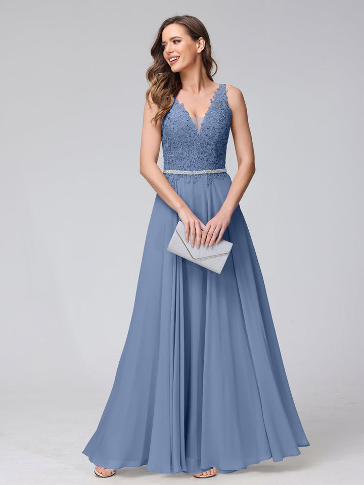 A-Line V-Neck Sleeveless Long Chiffon Dresses with Lace Appliques &amp; Rhinestones