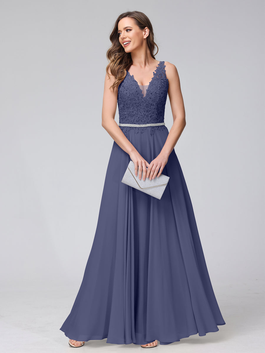 A-Line V-Neck Sleeveless Long Chiffon Dresses with Lace Appliques &amp; Rhinestones