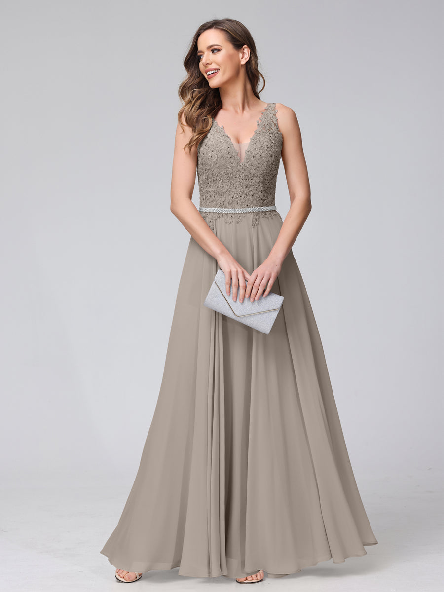 A-Line V-Neck Sleeveless Long Chiffon Dresses with Lace Appliques &amp; Rhinestones