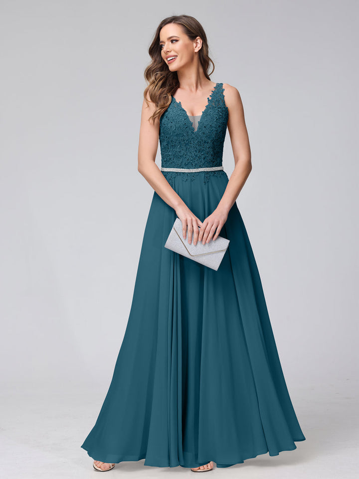A-Line V-Neck Sleeveless Long Chiffon Dresses with Lace Appliques &amp; Rhinestones