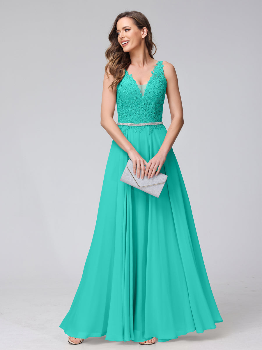 A-Line V-Neck Sleeveless Long Chiffon Dresses with Lace Appliques & Rhinestones