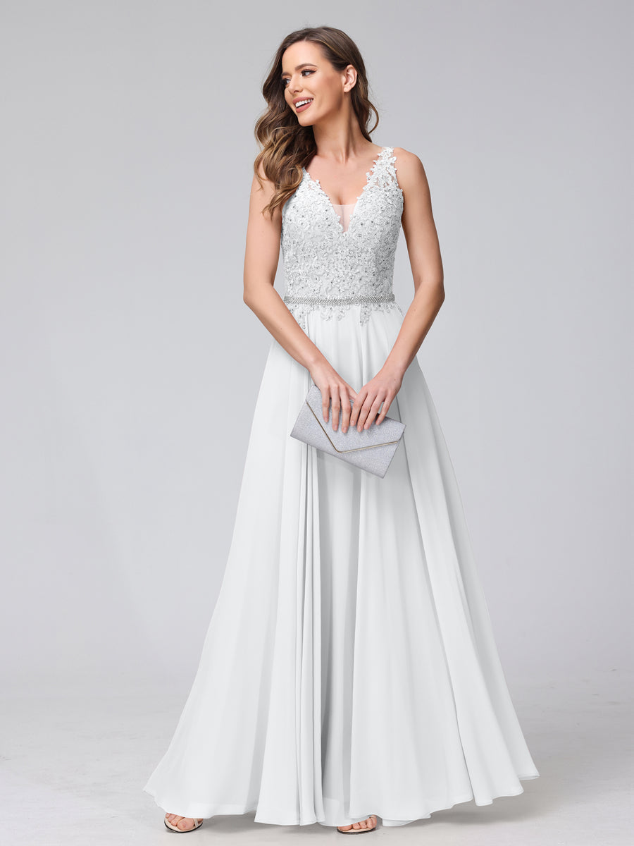 A-Line V-Neck Sleeveless Long Chiffon Dresses with Lace Appliques &amp; Rhinestones