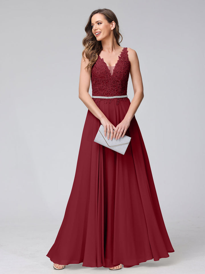 A-Line V-Neck Sleeveless Long Chiffon Dresses with Lace Appliques &amp; Rhinestones
