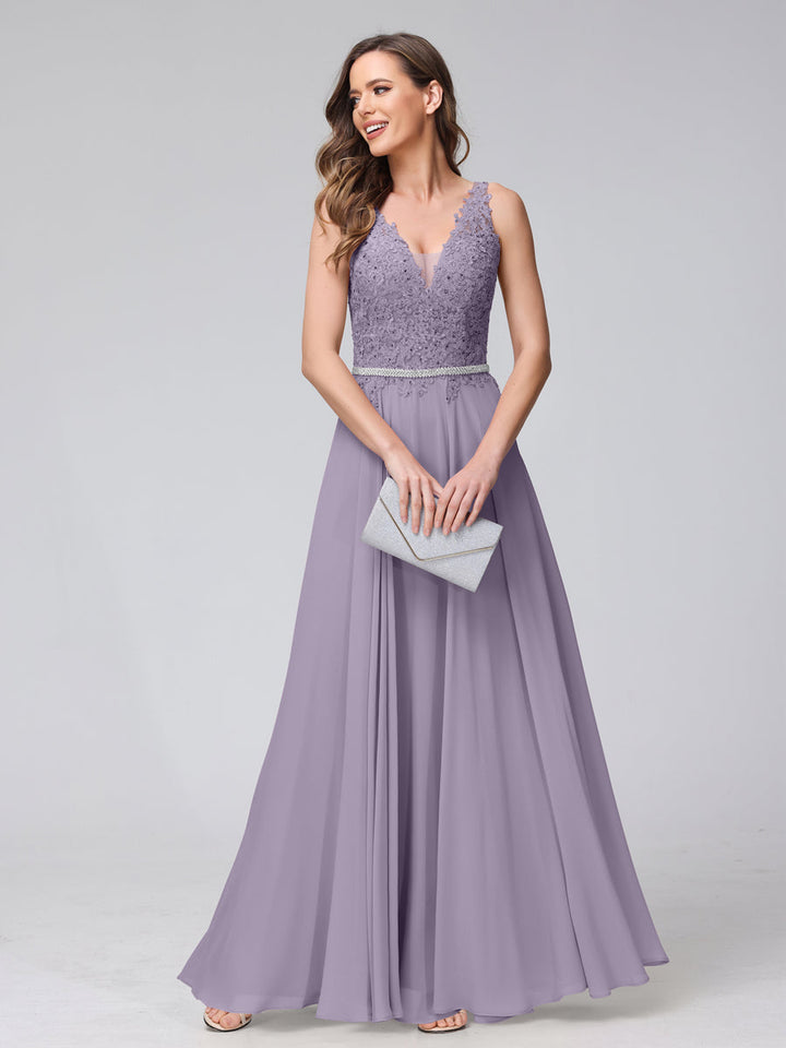 A-Line V-Neck Sleeveless Long Chiffon Dresses with Lace Appliques &amp; Rhinestones