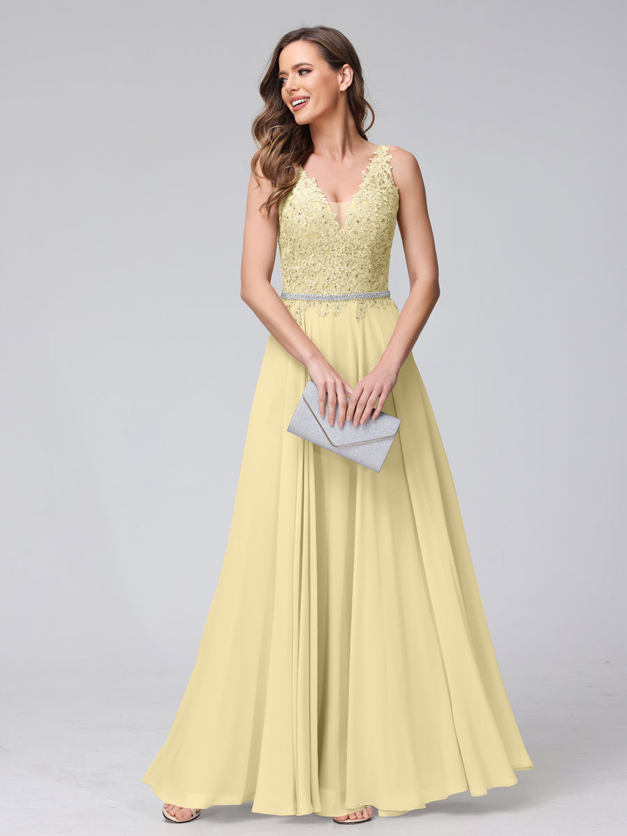 A-Line V-Neck Sleeveless Long Chiffon Dresses with Lace Appliques &amp; Rhinestones