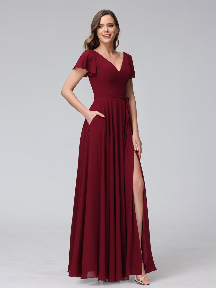 A-Line V-Neck Ruffles Short Sleeves Long Chiffon Dresses With Split Side &amp; Pockets