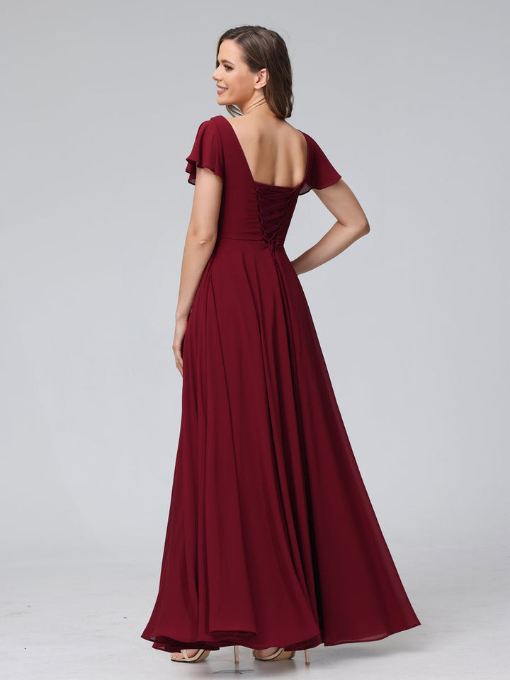 A-Line V-Neck Ruffles Short Sleeves Long Chiffon Dresses With Split Side &amp; Pockets