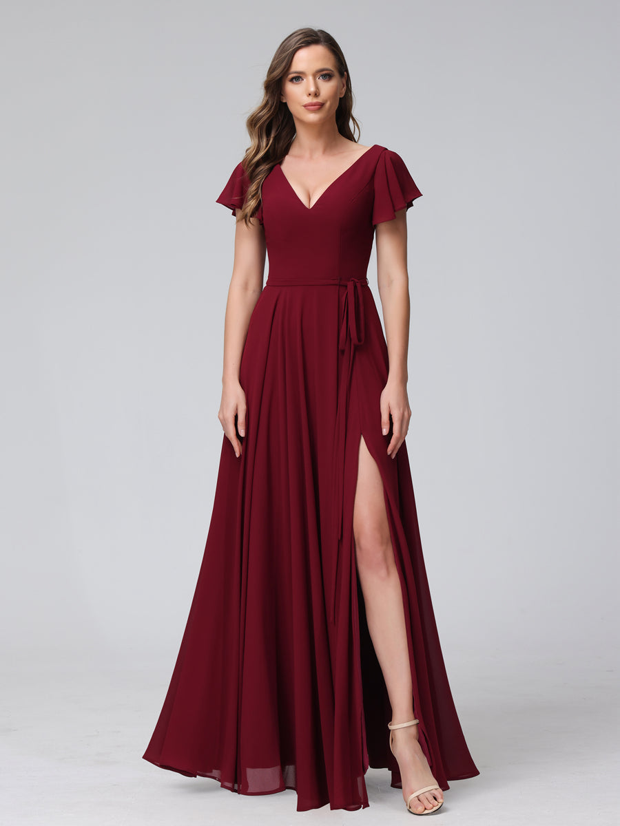 A-Line V-Neck Ruffles Short Sleeves Long Chiffon Dresses With Split Side &amp; Pockets
