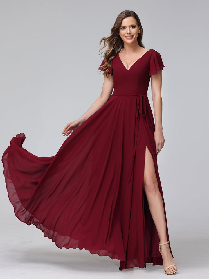 A-Line V-Neck Ruffles Short Sleeves Long Chiffon Dresses With Split Side &amp; Pockets