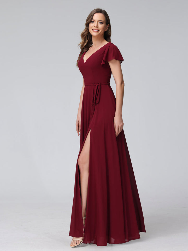 A-Line V-Neck Ruffles Short Sleeves Long Chiffon Dresses With Split Side &amp; Pockets