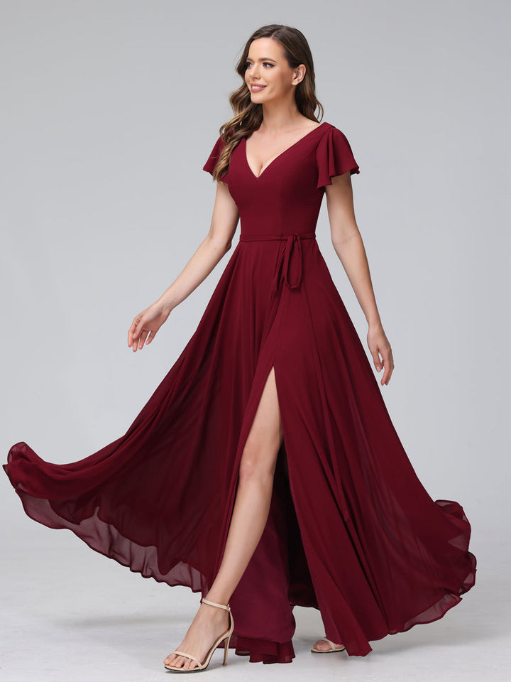 A-Line V-Neck Ruffles Short Sleeves Long Chiffon Dresses With Split Side &amp; Pockets