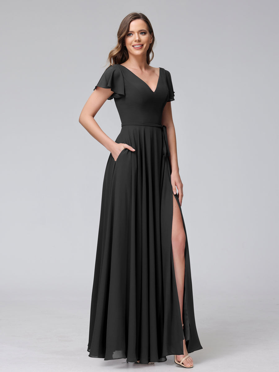 A-Line V-Neck Ruffles Short Sleeves Long Chiffon Dresses With Split Side &amp; Pockets