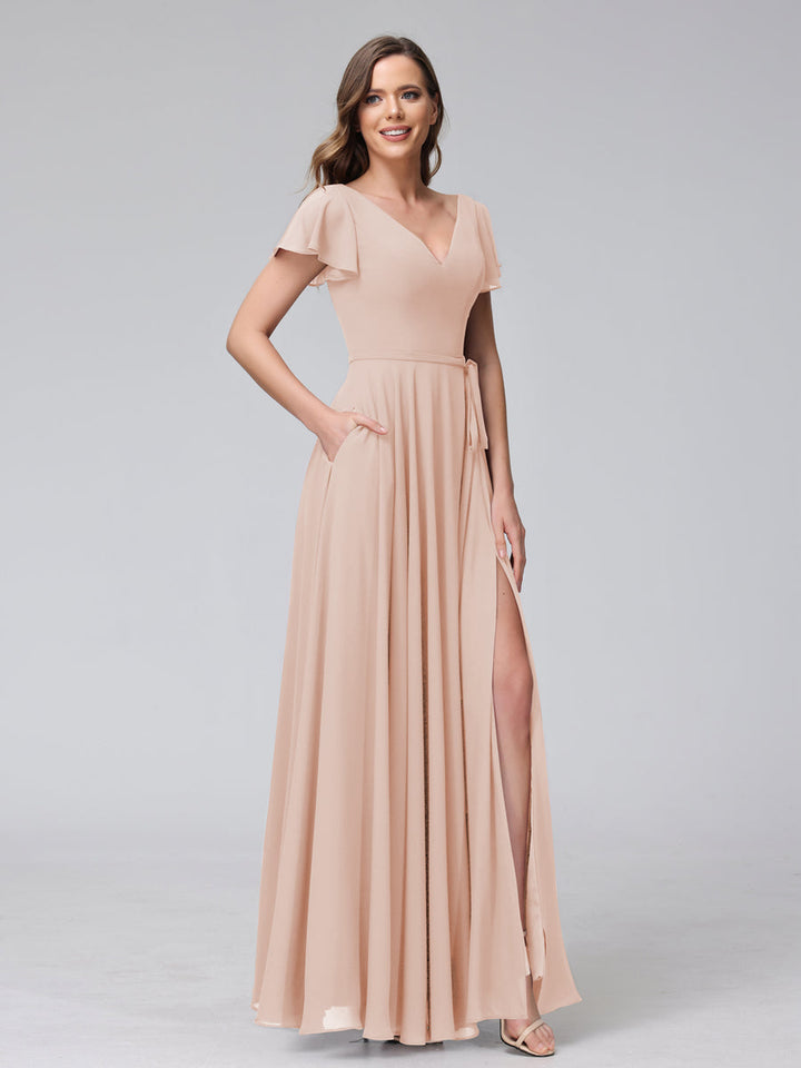 A-Line V-Neck Ruffles Short Sleeves Long Chiffon Dresses With Split Side &amp; Pockets