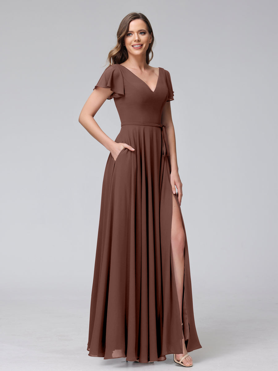 A-Line V-Neck Ruffles Short Sleeves Long Chiffon Dresses With Split Side &amp; Pockets