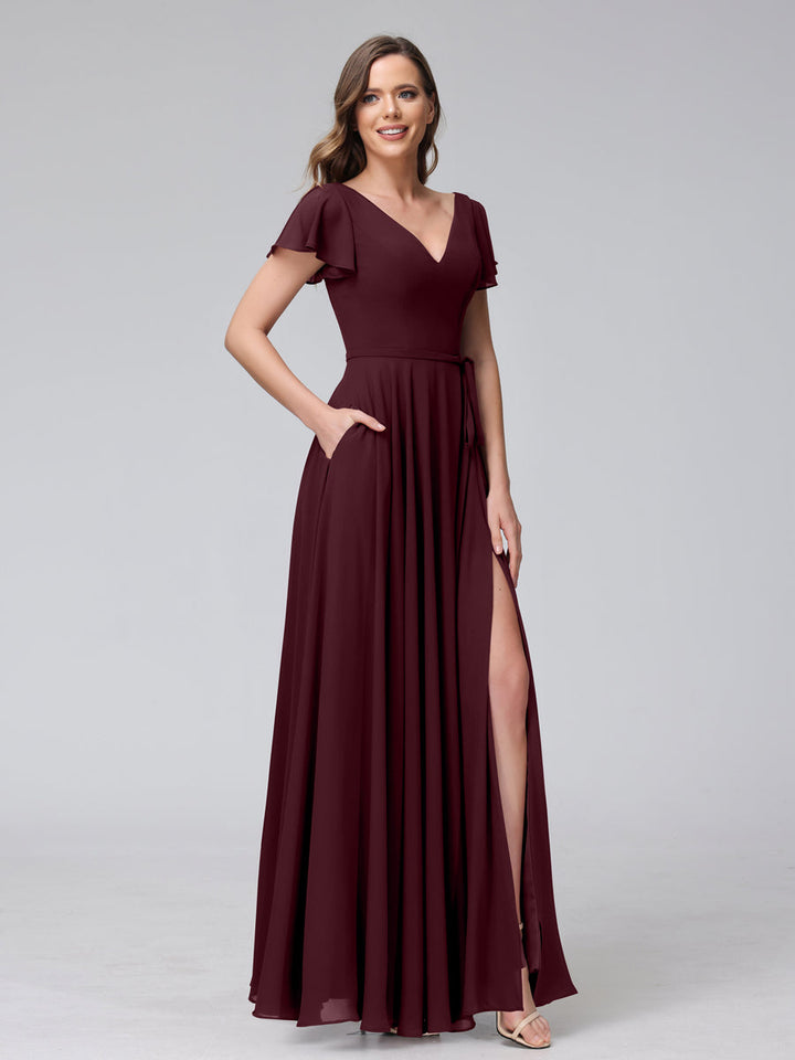 A-Line V-Neck Ruffles Short Sleeves Long Chiffon Dresses With Split Side &amp; Pockets