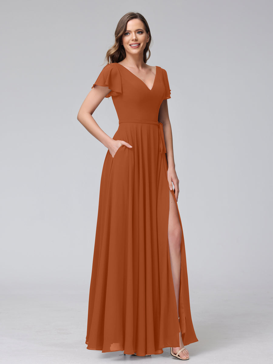 A-Line V-Neck Ruffles Short Sleeves Long Chiffon Dresses With Split Side &amp; Pockets
