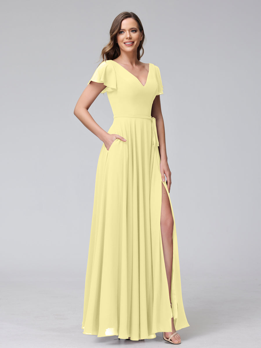 A-Line V-Neck Ruffles Short Sleeves Long Chiffon Dresses With Split Side &amp; Pockets