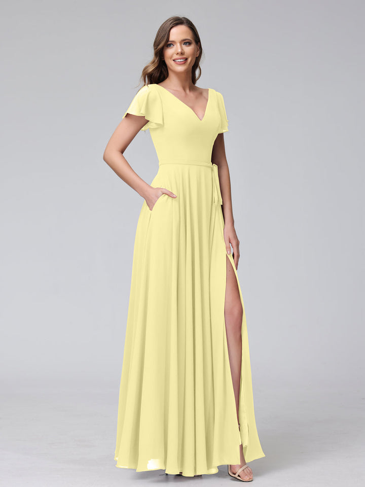A-Line V-Neck Ruffles Short Sleeves Long Chiffon Dresses With Split Side &amp; Pockets