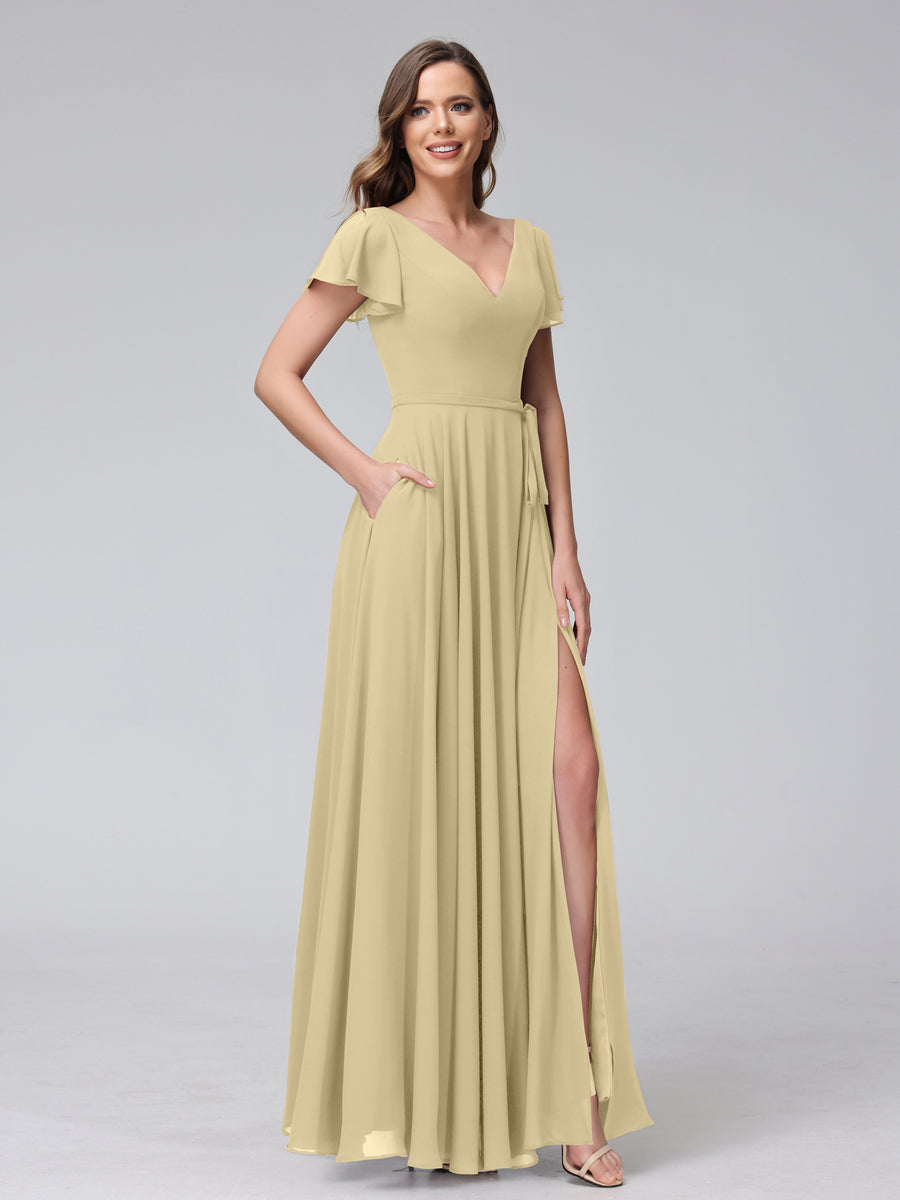 A-Line V-Neck Ruffles Short Sleeves Long Chiffon Dresses With Split Side &amp; Pockets