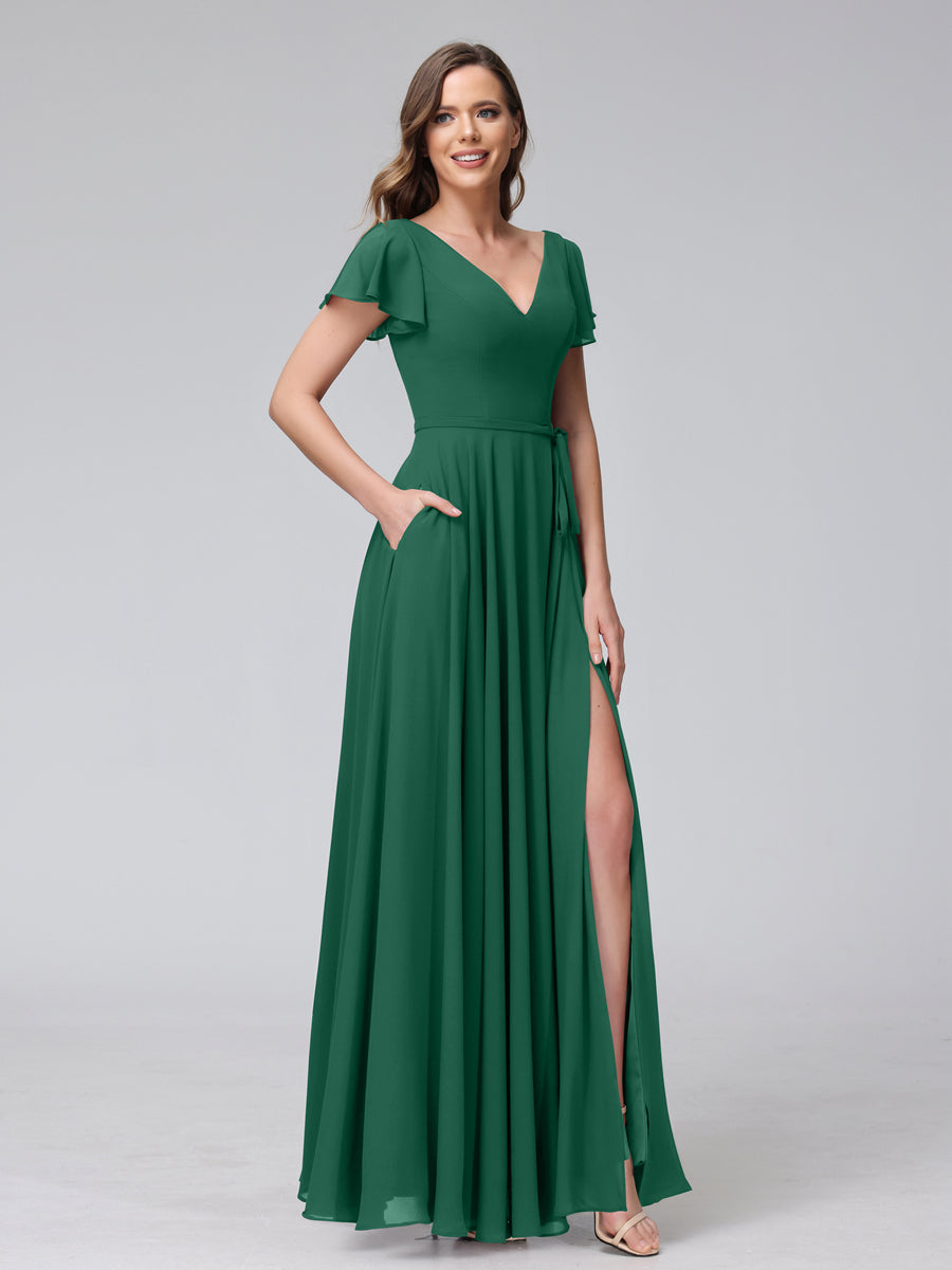 A-Line V-Neck Ruffles Short Sleeves Long Chiffon Dresses With Split Side &amp; Pockets