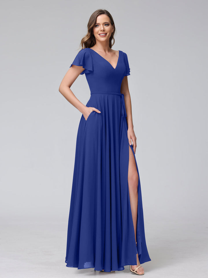 A-Line V-Neck Ruffles Short Sleeves Long Chiffon Dresses With Split Side &amp; Pockets