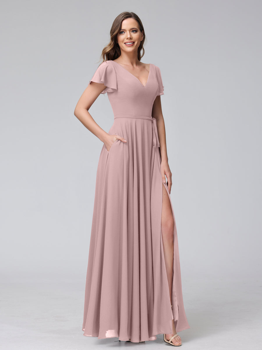 A-Line V-Neck Ruffles Short Sleeves Long Chiffon Dresses With Split Side &amp; Pockets
