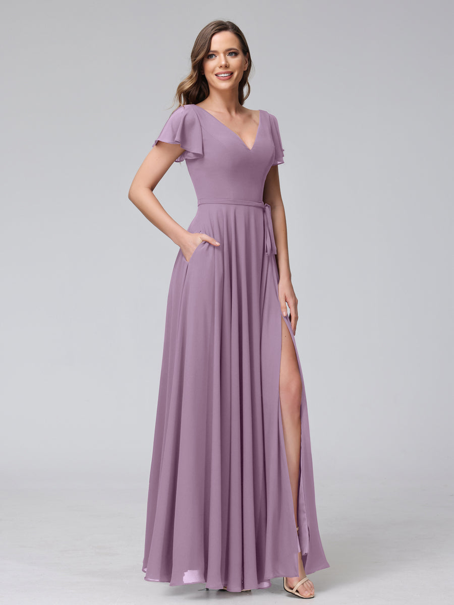 A-Line V-Neck Ruffles Short Sleeves Long Chiffon Dresses With Split Side &amp; Pockets