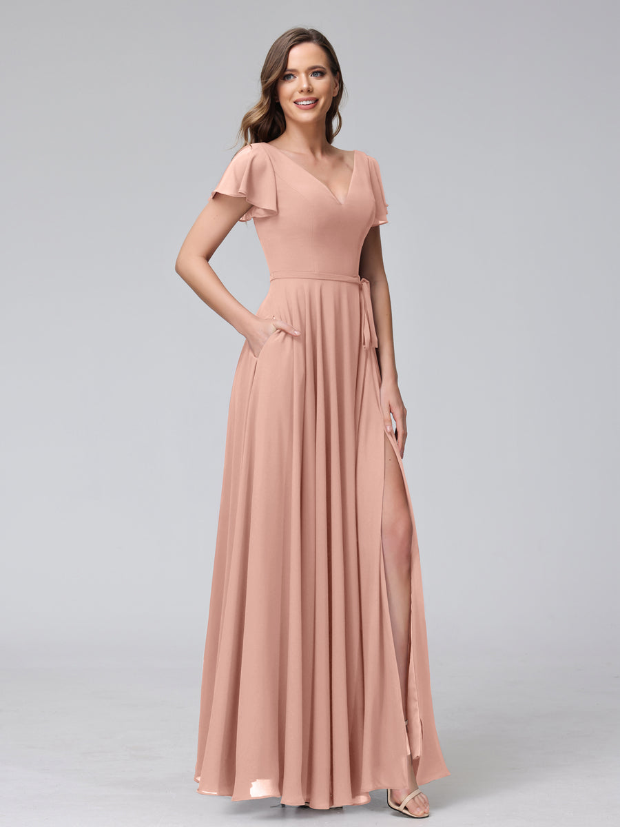 A-Line V-Neck Ruffles Short Sleeves Long Chiffon Dresses With Split Side &amp; Pockets