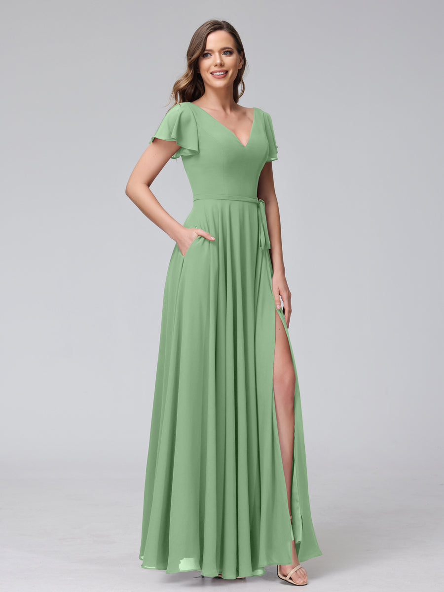 A-Line V-Neck Ruffles Short Sleeves Long Chiffon Dresses With Split Side &amp; Pockets