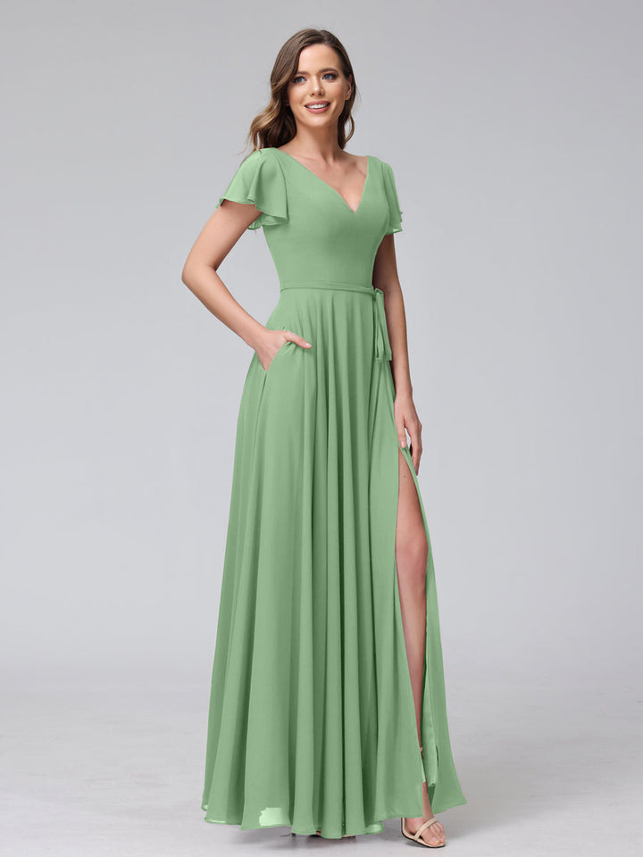 A-Line V-Neck Ruffles Short Sleeves Long Chiffon Dresses With Split Side &amp; Pockets