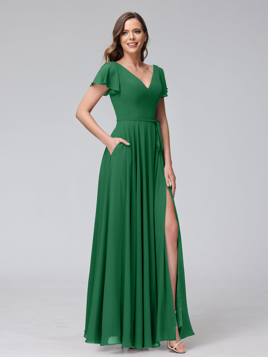 A-Line V-Neck Ruffles Short Sleeves Long Chiffon Dresses With Split Side &amp; Pockets