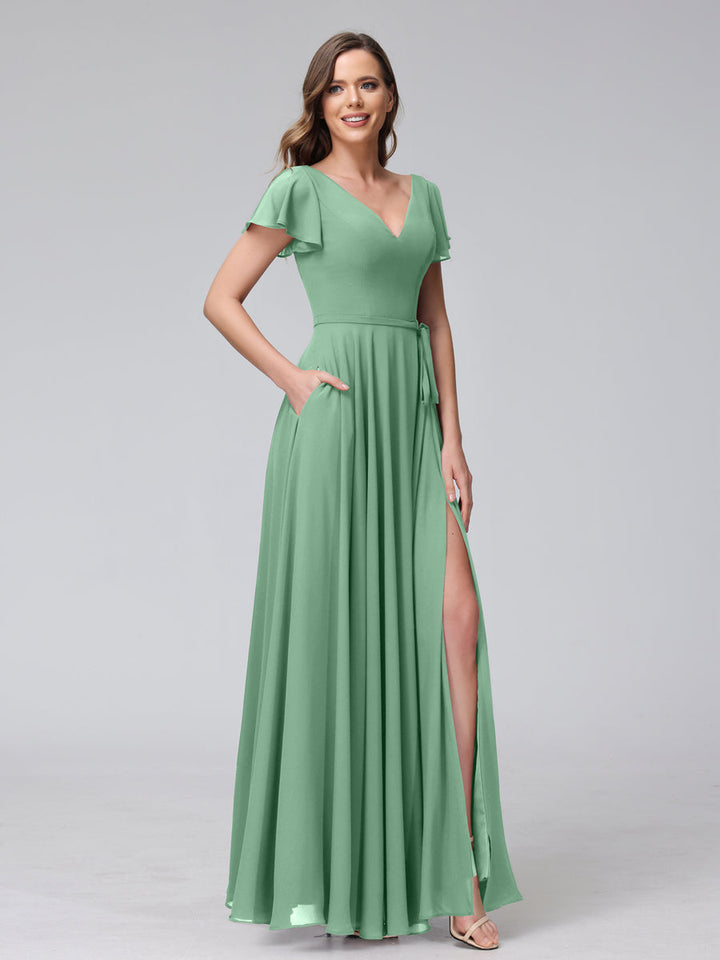A-Line V-Neck Ruffles Short Sleeves Long Chiffon Dresses With Split Side &amp; Pockets