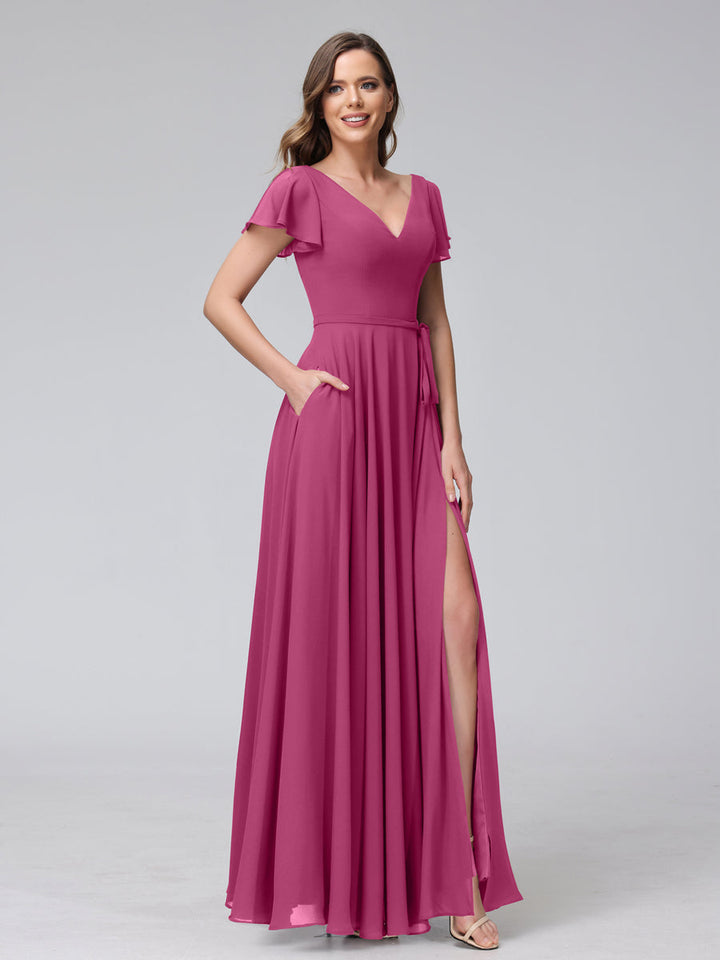 A-Line V-Neck Ruffles Short Sleeves Long Chiffon Dresses With Split Side &amp; Pockets